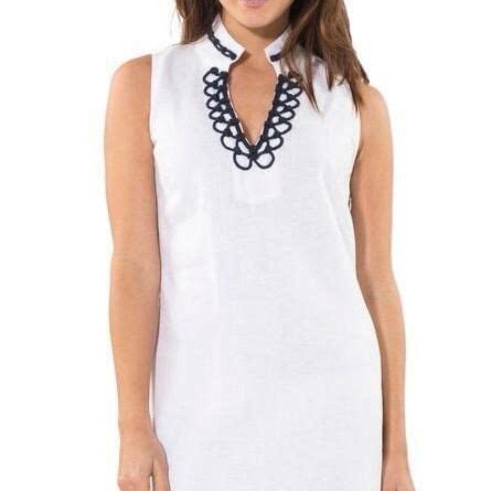 Sail to Sable White Sleeveless Shift Dress with Navy Trim